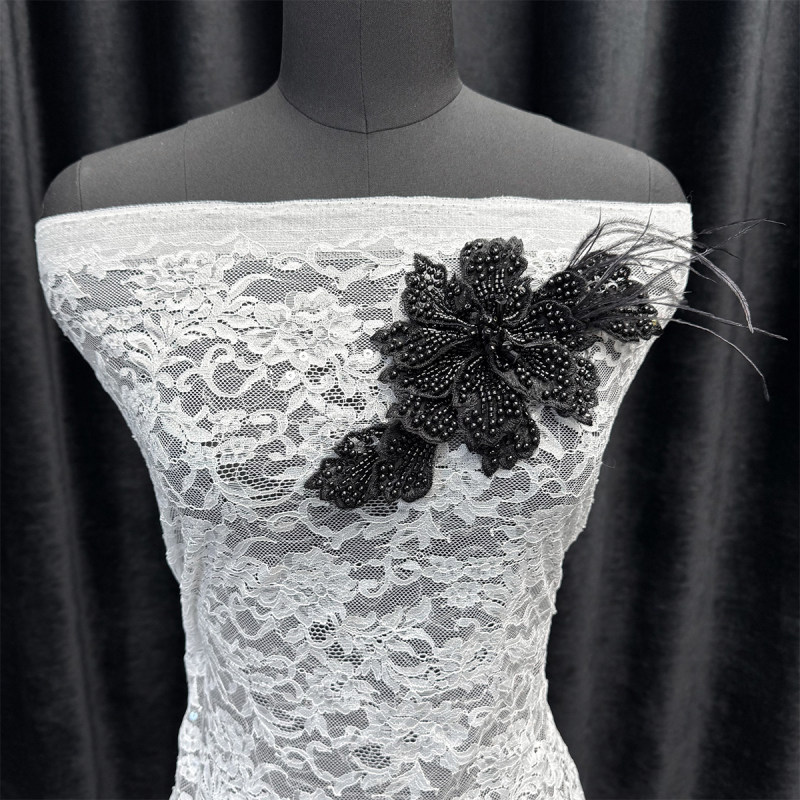 GCW-LQ041 Black Sequin Beaded Flower Applique with Feather for Bridal Dress